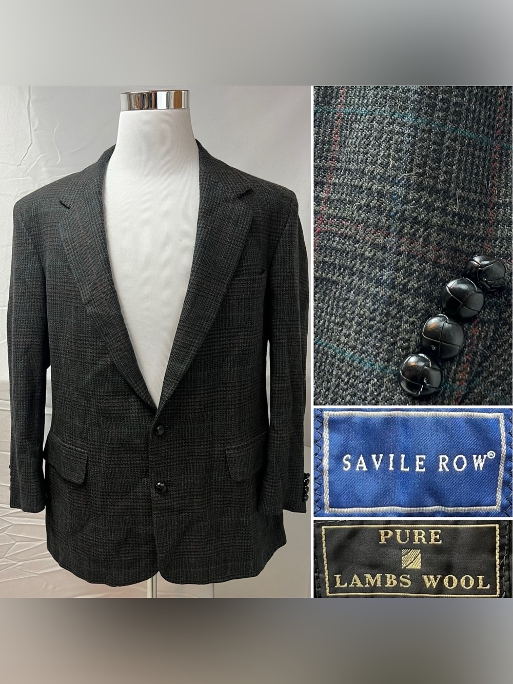 Savile Row Vintage Men's 46L Charcoal Plaid Lambswool Tweed Blazer Jacket